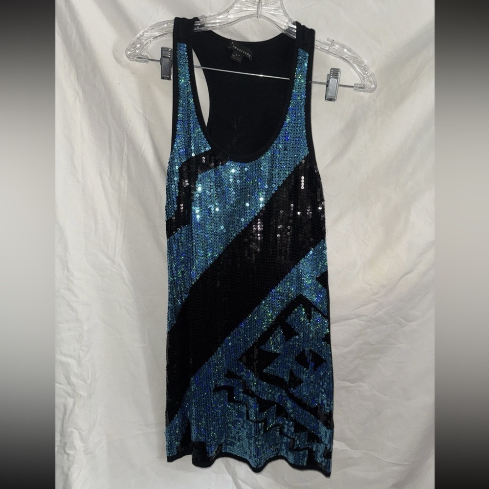 Vintage Y2K Sequined Black And Blue Mini Dress Tunic Top Sz Small Going Out Top